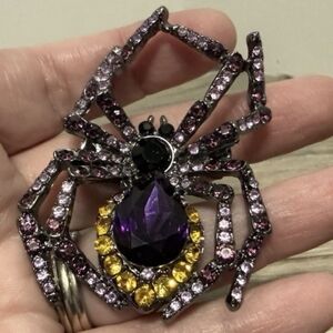 Elegant Jeweled Spider Rhinestone Brooch Purple & Gold Stones Vintage